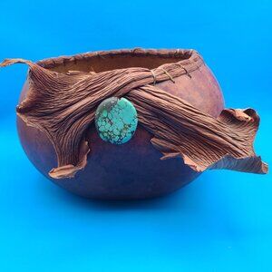 Vintage Hand Crafted American Southwestern Gourd Bowl Turquoise 10" Diameter
